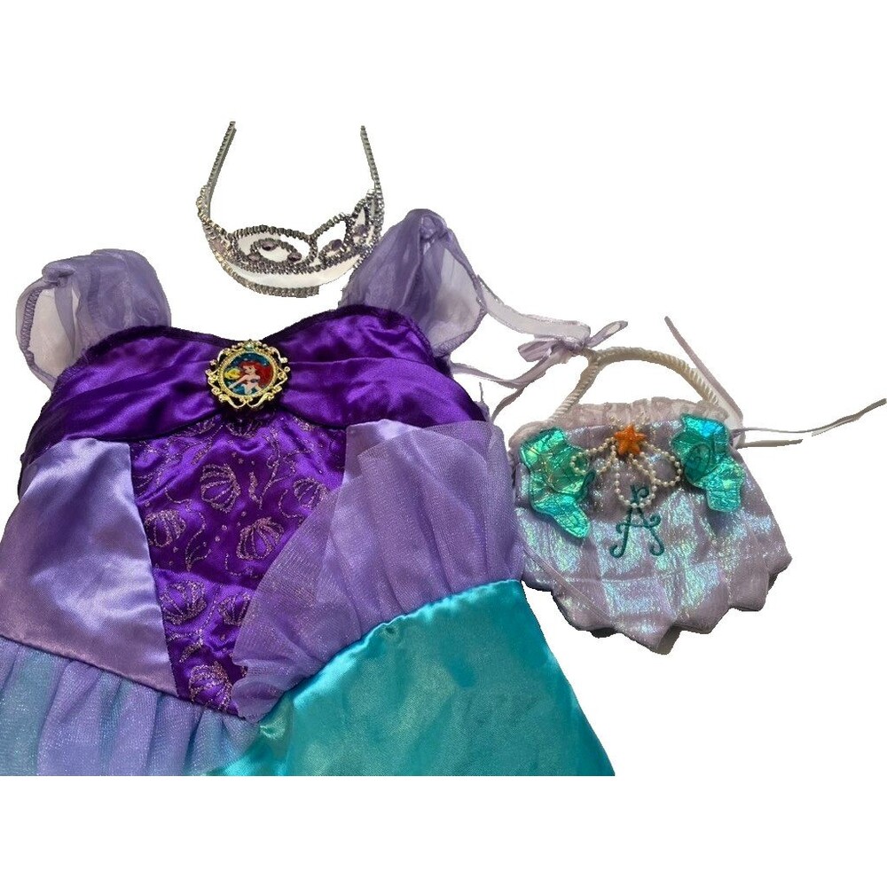 Disney Princess Ariel Little Mermaid Dress Costume w/ Crown & Purse - Size 4-6X